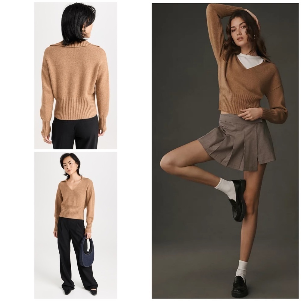 NWT Reformation Beckie Cashmere Tan Brown V-neck Collared Sweater Xs